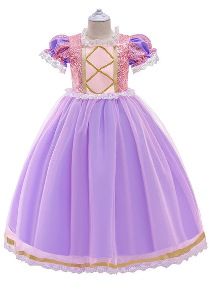 Robe Princesse en Tulle Col Rond Manches Courtes pour Petite Fille d'Honneur avec Sequins et Appliques