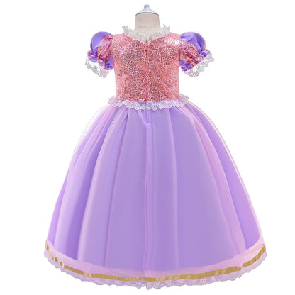 Robe Princesse en Tulle Col Rond Manches Courtes pour Petite Fille d'Honneur avec Sequins et Appliques