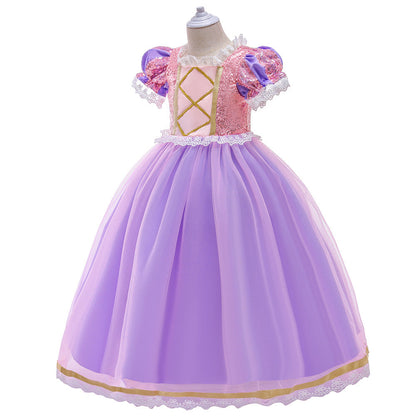 Robe Princesse en Tulle Col Rond Manches Courtes pour Petite Fille d'Honneur avec Sequins et Appliques