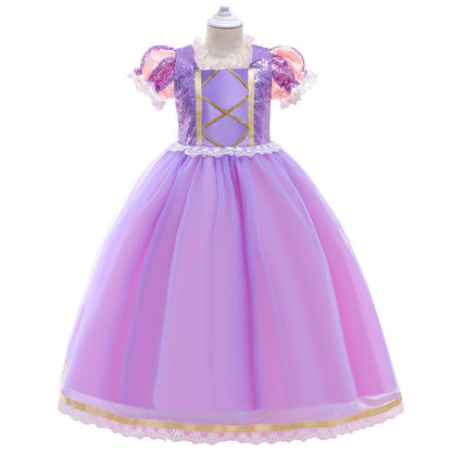 Robe Princesse en Tulle Col Rond Manches Courtes pour Petite Fille d'Honneur avec Sequins et Appliques