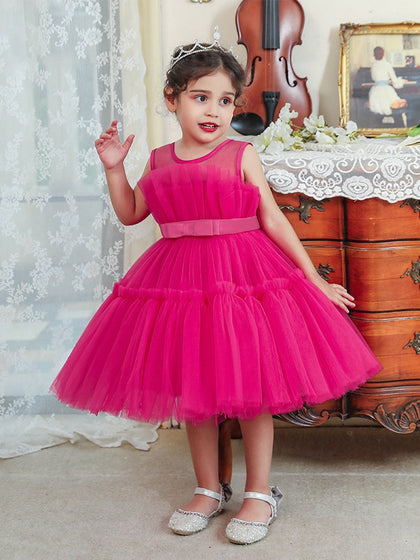 Robe Princesse Col Rond sans Manches en Tulle pour Petite Fille d'Honneur avec Ceinture et Nœud(S)