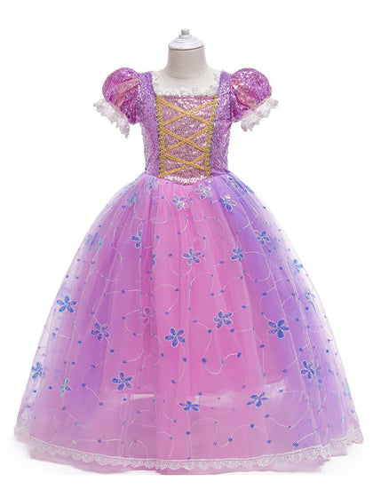 Robe Princesse Col Carré Manches Courtes pour Petite Fille d'Honneur avec Appliques et Sequins