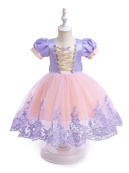 Robe Princesse Col Rond Manches Courtes pour Petite Fille d'Honneur avec Appliques, Nœud(S) et Broderies