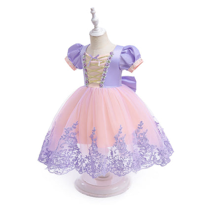 Robe Princesse Col Rond Manches Courtes pour Petite Fille d'Honneur avec Appliques, Nœud(S) et Broderies