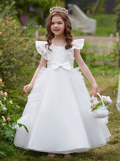 Robe Princesse Col Rond sans Manches pour Petite Fille d'Honneur avec Appliques et Volants