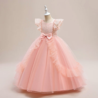 Robe Princesse Col Rond sans Manches pour Petite Fille d'Honneur avec Appliques et Volants