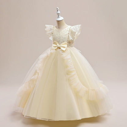 Robe Princesse Col Rond sans Manches pour Petite Fille d'Honneur avec Appliques et Volants