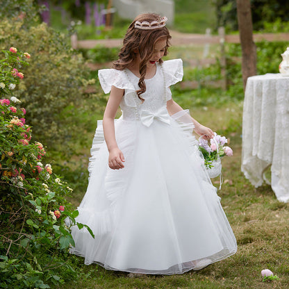 Robe Princesse Col Rond sans Manches pour Petite Fille d'Honneur avec Appliques et Volants