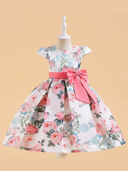 Robe Princesse Col Rond sans Manches en Satin Plissé pour Petite Fille d'Honneur avec Fleurs Imprimées et Nœud(S)