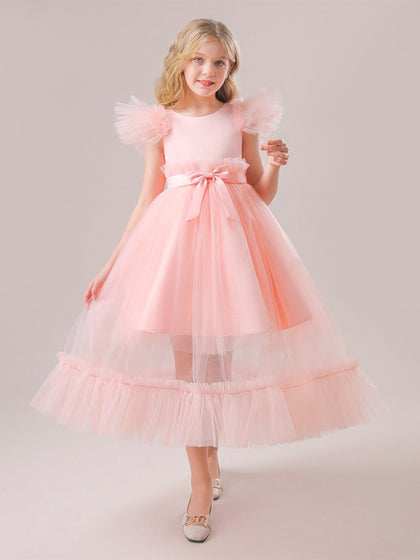 Robe Col Rond en Tulle sans Manches pour Petite Fille d'Honneur avec Plis et Nœud(S)