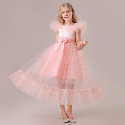 Robe Col Rond en Tulle sans Manches pour Petite Fille d'Honneur avec Plis et Nœud(S)