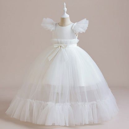 Robe Col Rond en Tulle sans Manches pour Petite Fille d'Honneur avec Plis et Nœud(S)