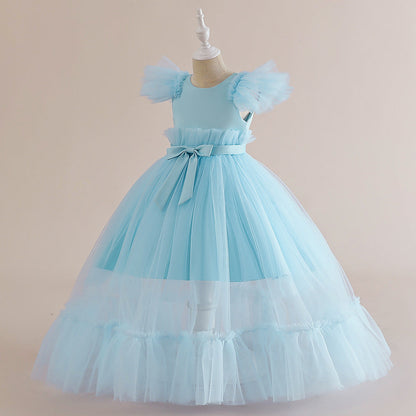 Robe Col Rond en Tulle sans Manches pour Petite Fille d'Honneur avec Plis et Nœud(S)