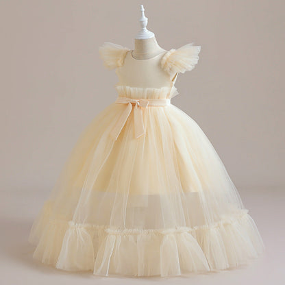 Robe Col Rond en Tulle sans Manches pour Petite Fille d'Honneur avec Plis et Nœud(S)