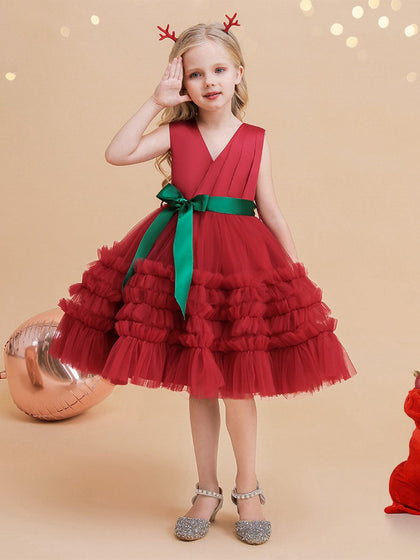 Robe de Bal à Col En V Sans Manches Au Genou Froncée pour Filles