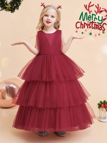 Robe de Bal En Tulle à Encolure Dégagée Sans Manches Longueur Cheville Robes de Noël pour Filles