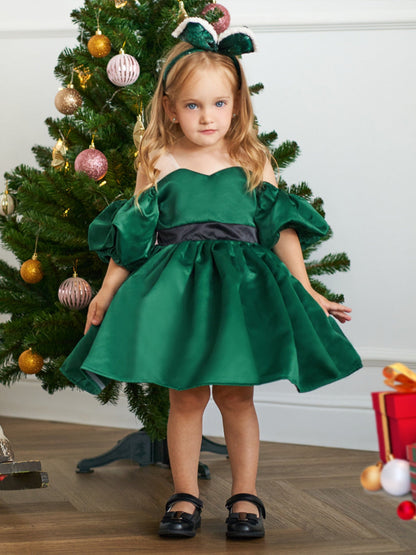 Robe de Bal à Épaules Dénudées et Manches Courtes En Satin pour Filles