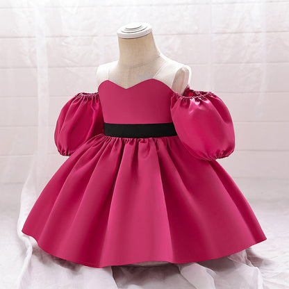 Robe de Bal à Épaules Dénudées et Manches Courtes En Satin pour Filles