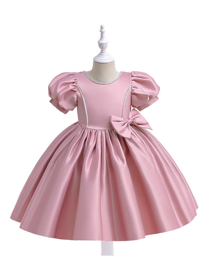 Robe Princesse Col Rond Manches Bouffantes pour Petite Fille d'Honneur avec Nœud