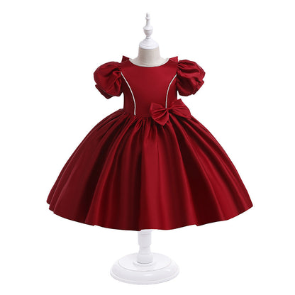 Robe Princesse Col Rond Manches Bouffantes pour Petite Fille d'Honneur avec Nœud