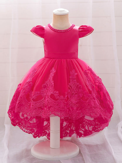 Robe Princesse Col Rond Manches Courtes pour Petite Fille d'Honneur avec Appliques et Perles