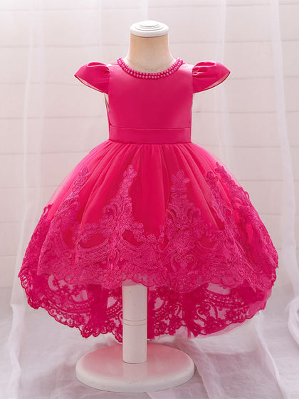 Robe Princesse Col Rond Manches Courtes pour Petite Fille d'Honneur avec Appliques et Perles