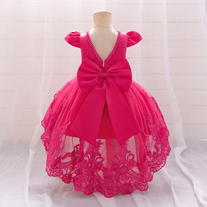 Robe Princesse Col Rond Manches Courtes pour Petite Fille d'Honneur avec Appliques et Perles