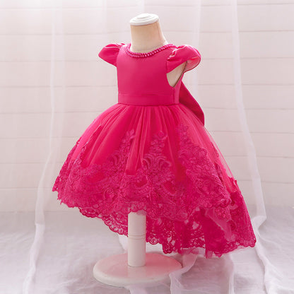 Robe Princesse Col Rond Manches Courtes pour Petite Fille d'Honneur avec Appliques et Perles