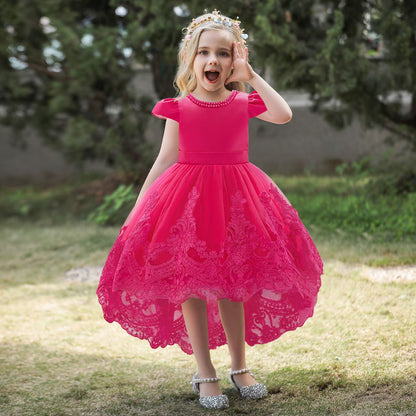 Robe Princesse Col Rond Manches Courtes pour Petite Fille d'Honneur avec Appliques et Perles