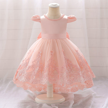 Robe Princesse Col Rond Manches Courtes pour Petite Fille d'Honneur avec Appliques et Perles