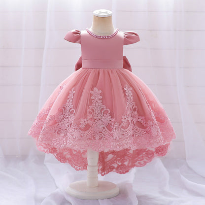 Robe Princesse Col Rond Manches Courtes pour Petite Fille d'Honneur avec Appliques et Perles