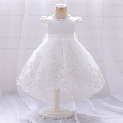 Robe Princesse Col Rond Manches Courtes pour Petite Fille d'Honneur avec Appliques et Perles