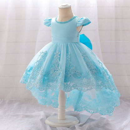 Robe Princesse Col Rond Manches Courtes pour Petite Fille d'Honneur avec Appliques et Perles