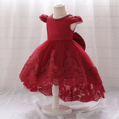 Robe Princesse Col Rond Manches Courtes pour Petite Fille d'Honneur avec Appliques et Perles