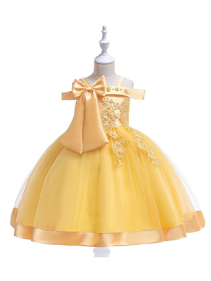 Robe Princesse Épaules Dénudées sans Manches pour Petite Fille d'Honneur avec Appliques et Nœud