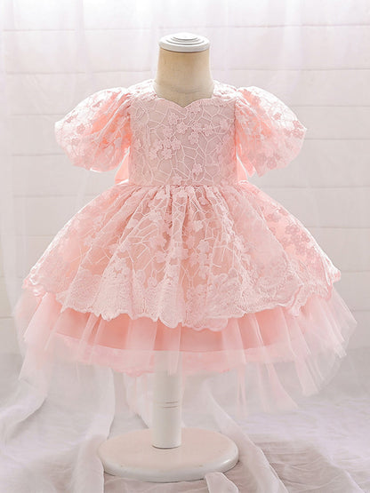 Robe Princesse Col Rond Manches Bouffantes pour Petite Fille d'Honneur avec Appliques