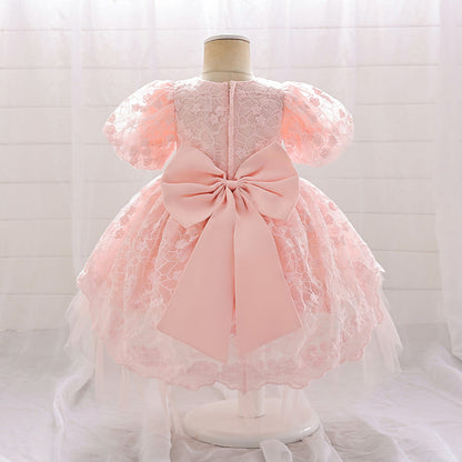 Robe Princesse Col Rond Manches Bouffantes pour Petite Fille d'Honneur avec Appliques