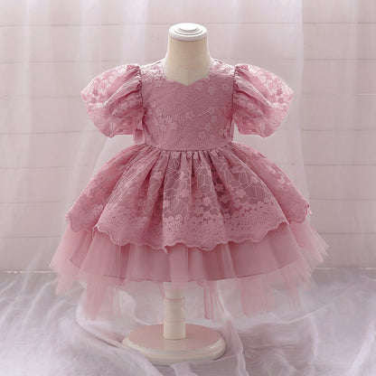 Robe Princesse Col Rond Manches Bouffantes pour Petite Fille d'Honneur avec Appliques