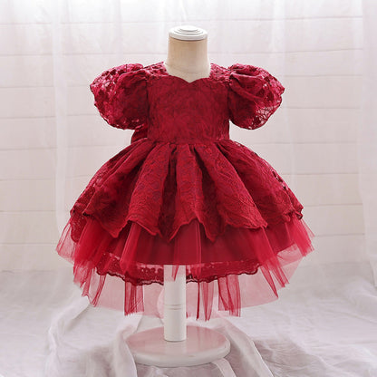 Robe Princesse Col Rond Manches Bouffantes pour Petite Fille d'Honneur avec Appliques