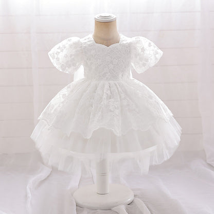 Robe Princesse Col Rond Manches Bouffantes pour Petite Fille d'Honneur avec Appliques