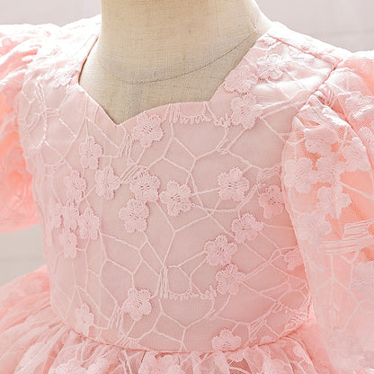 Robe Princesse Col Rond Manches Bouffantes pour Petite Fille d'Honneur avec Appliques