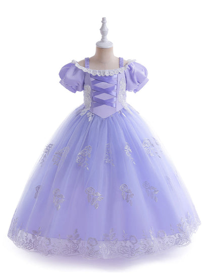 Robe Princesse Col Rond Manches Bouffantes pour Petite Fille d'Honneur avec Appliques