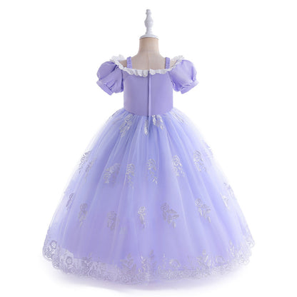 Robe Princesse Col Rond Manches Bouffantes pour Petite Fille d'Honneur avec Appliques