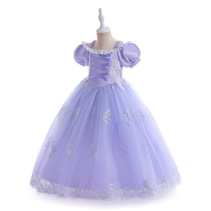 Robe Princesse Col Rond Manches Bouffantes pour Petite Fille d'Honneur avec Appliques