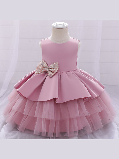 Robe Princesse Col Rond sans Manches Volants pour Petite Fille d'Honneur avec Nœud