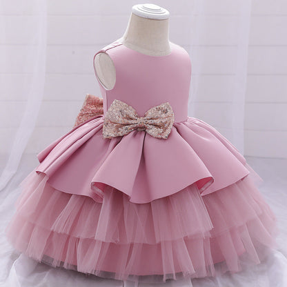 Robe Princesse Col Rond sans Manches Volants pour Petite Fille d'Honneur avec Nœud