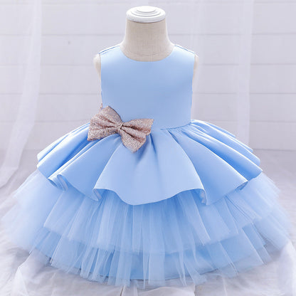 Robe Princesse Col Rond sans Manches Volants pour Petite Fille d'Honneur avec Nœud