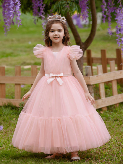 Robe Princesse Col en V Manches Volantes pour Petite Fille d'Honneur avec Ceinture