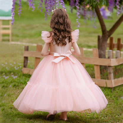 Robe Princesse Col en V Manches Volantes pour Petite Fille d'Honneur avec Ceinture