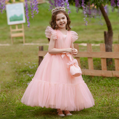 Robe Princesse Col en V Manches Volantes pour Petite Fille d'Honneur avec Ceinture